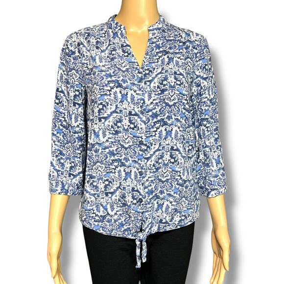 Cupio Womens Blouse Top Shirt Floral Print Button Down Tie Hem Blue White Medium - Picture 1 of 10